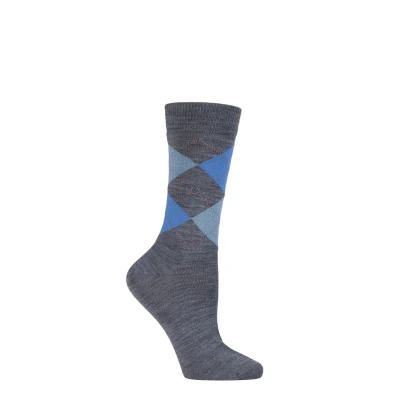 Image of 1 Pair Charcoal / Blue Marylebone Argyle Wool Socks Ladies 3.5 7 Burlington