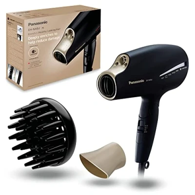 Image of Panasonic EH NA9J Advanced Folding Hair Dryer with Diffuser, Nanoe &amp; Double Mineral Technology — Reduces Frizz, Damage and Split Ends, Black Champagne Gold