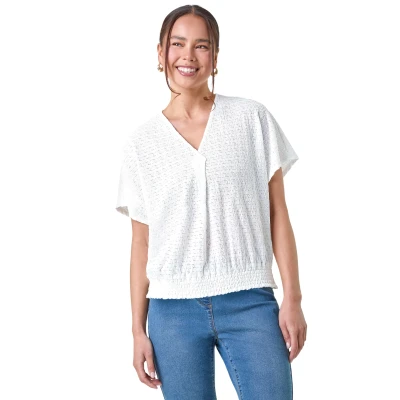 Image of Roman Petite Paisley Shirred Hem Stretch Top for Women UK Ladies Spring Everyday Summer Holiday V Neckline Comfy Short Sleeve Soft Blouson Shape Shirt Vacation Blouses White Size 18