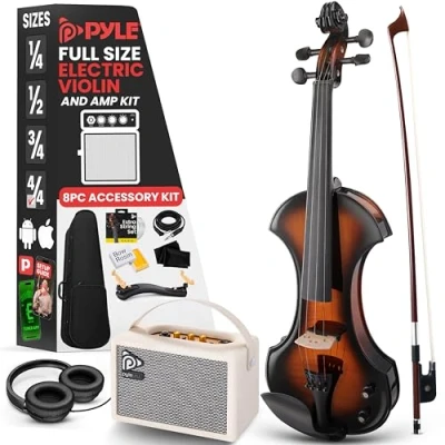Image of Pyle 4/4 Silent Electric Violin with Amplifier Kit Solid Wood 10W Amp and Complete Accessories, Full Size Orchestral Stringed Instrument