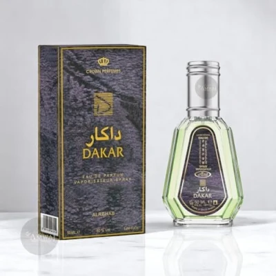 Image of Dakar 50ml Perfume Spray by Al Rehab woody fragrance that combines sage, amber, moss, sandalwood, agarwood, cedar, spicy notes and watery notes.