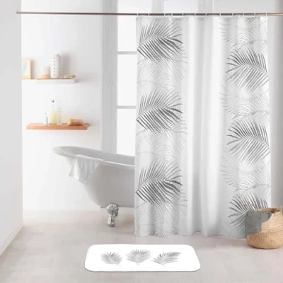 Image of Douceur d&#039;Intérieur White Silver Shower Curtain with Hooks 180 x 200 cm