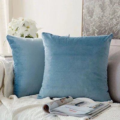 Image of MIULEE Velvet Soft Soild Microfiber Decorative Square Pillow Case Throw Cushion Cover for Sofa Bedroom with Invisible Zipper 16x16 Inch 40x40cm Light Blue Set of 2 Lined