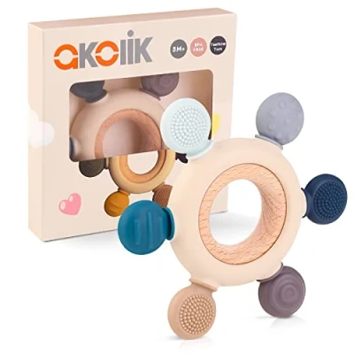 Image of akolik Teething Toys for Baby, Baby teether, Silicone Babies 0 6 12 Months, BPA Free with Wooden Ring Chewable Teether (Rudder D)