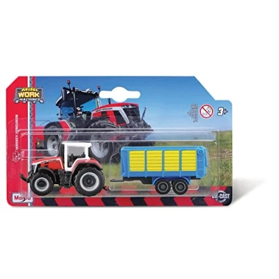 Image of Bburago M15590M Maisto Mini Working Machines MASSEY FERGUSSON 8S.265 TRACTOR WITH BALER TRAILER die cast Model, Red