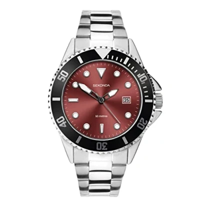 Image of Sekonda Mens Sports Analogue Quartz Watch with Red Dial and Silver Bracelet 1923