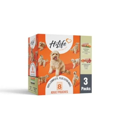 Image of HiLife Adult Wet Dog Food, Mixed Chicken in Jelly Selection, Complete Food Pouches, Grain Free &amp; 100% Natural ingredients, Veg/Chicken Beef (24 x 150g Pouches)