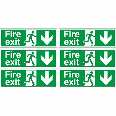 Image of Pack of 6 Fire Exit Arrow Down Signs 300mm x 100mm Self Adhesive