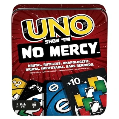 Image of Mattel Games UNO Show ‘em No Mercy Card Game in Storage &amp; Travel Tin for Kids, Adults Family Night with Extra Cards, Special Rules Tougher Penalties, HXT57