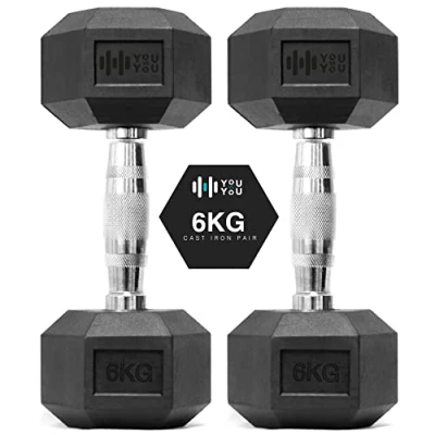 Image of You vs Hex Dumbbells Weights Pair for Home Exercise 6kg Set of 2 Hexagonal Weight Rubber Encased Fitness Gym Workouts Training Muscle Building &amp; Conditioning Unisex Strength