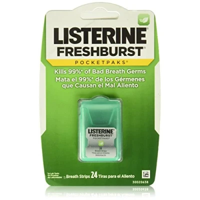 Image of Listerine Freshburst Pocketpaks Breath Strips, Dissolving Freshener strips Kill 99% of Germs that Cause Bad Breath, Portable for On the Go, Minty Flavor, 24 (Pack 1)