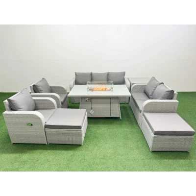 Image of Fimous PE Rattan Garden Furniture Set Reclining Chair Sofa Double Love Seat 2 Seater Lounge Firepit Dining Table Big Footstool Side