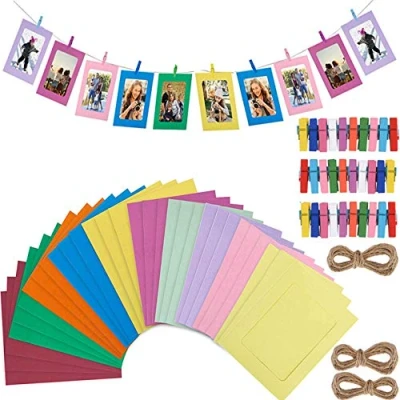 Image of Colorful Paper Photo Frame 30 Pcs DIY Creative Retro Kraft Polaroid Films Hanging Album with Mini Clips and Hemp Ropes for Home Dorm Office 6 inch 10 Colors