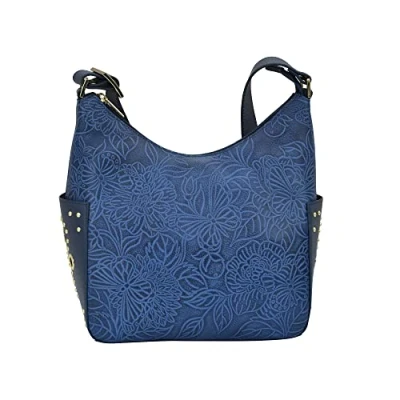 Image of Anuschka Women’s Hand Painted Genuine Leather Classic Hobo with Studded Side Pockets Tooled Butterfly Ocean