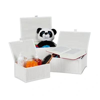 Image of Relaxdays Set of 3 Baskets, Boxes with Lid, Bamboo Container, Decorative Storage, White, 5.5/9 / 11 L