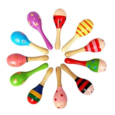 Image of JBBERTH Mini Wooden Ball Sand Hammer 10 pcs, Maracas Kids Handmade Rattles, Baby Music Rattles Shaker, Random Color Pattern
