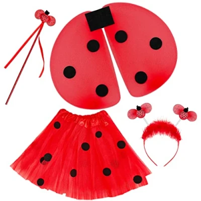 Image of Balinco Ladybug Costume Set, Hairband + Tutu Skirt Wings &amp; Wand, Red Black Dotted, Party Outfit, Birthday Costume, Carnival, Halloween