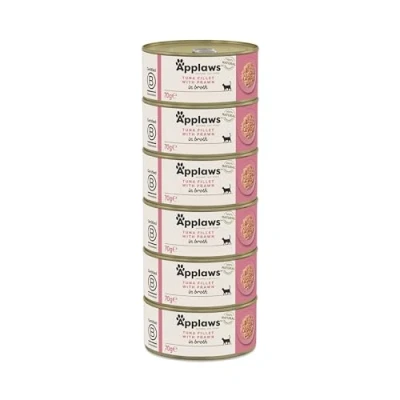 Image of Applaws 100% Natural Wet Cat Food, Tuna Fillet with Prawn, 70g Tins Pack of 6