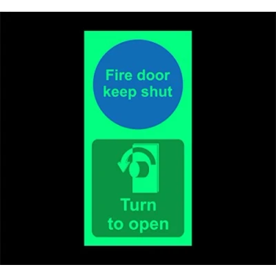 Image of Fire door keep shut turn left to open Safety sign 150mm x 100mm 1.2mm Photoluminescent rigid plastic with self adhesive backing