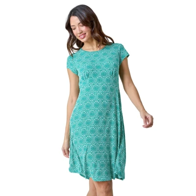 Image of Roman Originals Women Gathered Chest Dress Ladies Stretchy Fit &amp; Flare Swing Tea A Line Skater Knee Length Midi Smart Casual Work Round Neck Going Out Cocktail Party Jade White Size 18