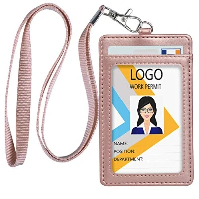 Image of Teskyer Card Holder with Lanyard, ID Badge Clear Window and Holds 2 Cards, PU Leather Vertical for Offices, Schools, Bus Passes, Rose Gold
