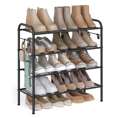 Image of SONGMICS Shoe Rack, 4 Tier Organizer, Metal Shelf Storage with Side Hooks, Holds 16 Pairs of Shoes, Height Adjustable Rack for Entryway, Hallway, Closet, Easy Assembly, Ink Black