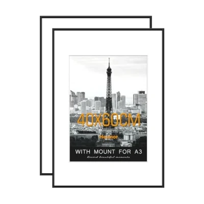 Image of Hesmor 40x60cm Picture Frame Black Photo Aluminum Acrylic Certificate Frames, Poster Frames for Wall Mounting, with Mat Portrait, Printing, Landscape, Set of 2