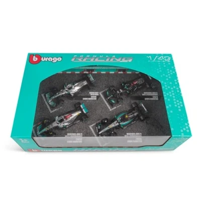 Image of F1 MERCEDES AMG Petronas W12 W13 W14 Set 4 Formula 1 Car Models 2021 2023 LEWIS HAMILTON GEORGE RUSSEL Scale 1:43 12cm BBurago 38093