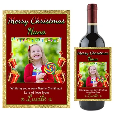 Image of Personalised Merry Christmas Wine Champagne Bottle Photo Label Xmas Stocking Filler Gift Idea for her him N78