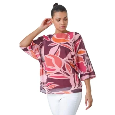 Image of Roman Originals Floral Print Overlay Top for Women UK Ladies Everyday Holiday Spring Summer Round Neckline Comfy Soft Evening Vacation Work Party Coral Size 10