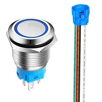 Image of Gebildet 0.75 Inch/19mm Stainless Steel Momentary Push Button 12V 24V 5A LED 1NO1NC SPDT ON Off Waterproof with Wire Socket Plug (Blue LED)
