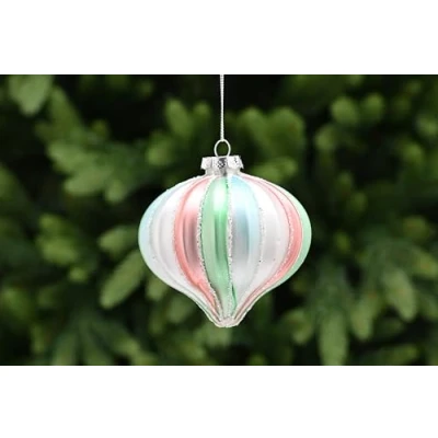 Image of Festive Productiions 10cm Segment Pastel Glass Onion Shaped Bauble Pink Blue Silver and Green Stripe Hanging Christmas Decoration