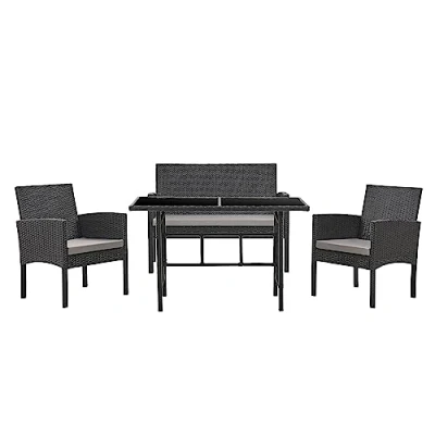 Image of EVRE Black Porto Garden Rattan Furniture Set 4 Piece Seat 1 Sofa 2 Chair Dining Outdoor Conservatory Wicker Weave Lounge and Glass Top Table with Cushions