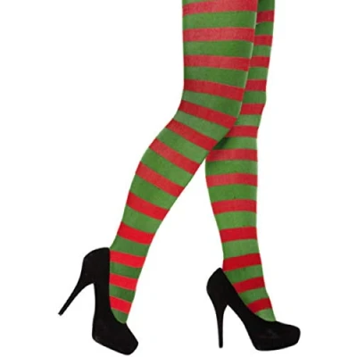 Image of labreeze Women Elf Santa’s Miss Santa Striped Tights Christmas Xmas Novelty Fancy Dress (RED/GREEN STRIPED)