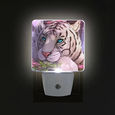 Image of hengpai Blue Eyes White Tiger in Fantasy World LED Night Light Auto Sensor Smart Dusk to Dawn Decorative Plug for Kids Bedroom