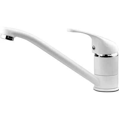 Image of Xcel Home White Round Sink Kitchen Taps Monobloc Single Top Lever Swivel Long Spout with Hoses and Standard Fittings Space Saving Mixers Ideal for Sinks Brass