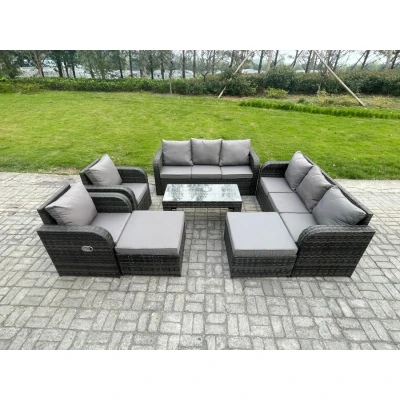 Image of Rattan Wicker Garden Furniture Patio Conservatory Sofa Set with Rectangular Coffee Table Reclining Chair 2 Big Footstool Fimous