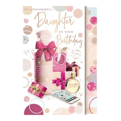 Image of Words &#039;n&#039; Wishes Wonderful Daughter Large Birthday Card Wrapped Gifts, Perfume and Mobile Phone with Foil Finish Eco Friendly