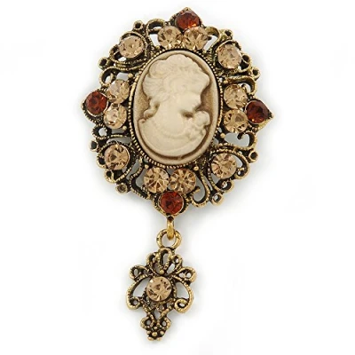 Image of Avalaya Vintage Inspired Amber/Champagne Crystal Cameo with Charm Brooch in Bronze Tone 65mm L