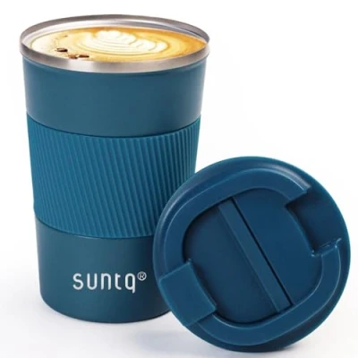 Image of SUNTQ Reusable Coffee Cups Travel Mug with Leakproof Lid Thermal Insulated Cup Stainless Steel Rubber Grip for Hot and Cold Drinks, 13oz/380ml Blue