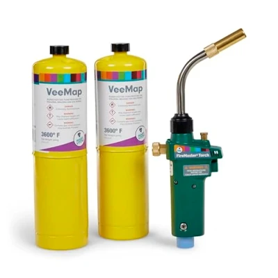 Image of Blowtorch Kit Firemaster 3 Blow Torch 360 Degree Swivel Gun Neck Plus 2 x Mapp Gas Yellow Bottle for Plumbing Brazing Soldering Plumbers Map