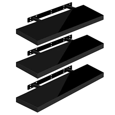 Image of WOLTU High Gloss Floating Shelves,Set of 3 Wall Shelf,CD DVD Storage Corner Shelf, Premium Wooden Shelves for Bedroom LivingRoom kitchen 70x22.9x3.8cm, Black, RG9479sz