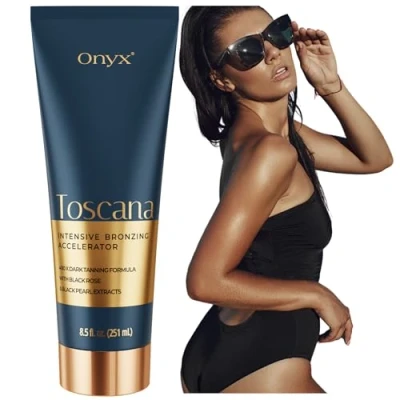 Image of Onyx Toscana Double Sunbed Cream Bronzer &amp; Tan Accelerator for Outdoor Indoor Tanning Ultra Hydration Blend with Sweet Almond Oil Monoi Rich Bronzing Formula Dark Results