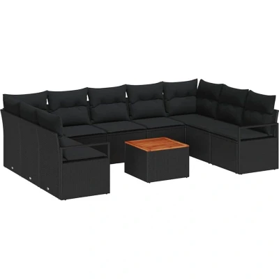 Image of vidaXL 10 Piece Garden Sofa Set with Cushions Black Poly Rattan Acacia