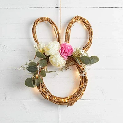 Image of Lights4fun 38cm Artificial Bunny Ears &amp; Flowers Wreath Decoration with Battery Operated Micro Fairy Lights for Front Door Indoor Wall