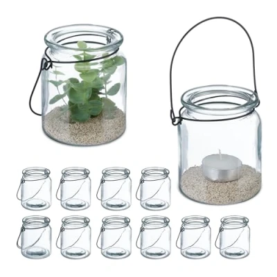 Image of Relaxdays Candle Lanterns, Set of 12, Glass, with Handle, Tealight Holders, 9.5 x 8 cm, Indoors &amp; Outdoors, Clear/Black, 80% 20% Iron