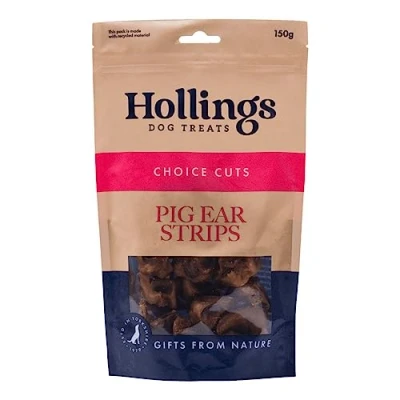 Image of Hollings Pig Ear Strips Dog Treats, 100% Natural Air Dried Long Lasting Chews for Adult Dogs, Grain Free &amp; High in Protein (150g)