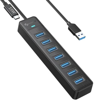 Image of PHIXERO 7 Port USB Hub, 3.0 Hub Splitter with 15 W C Power Port, Super Speed 5 Gbps Data Compatible All Devices (15 cm Cable, Port)