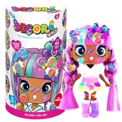 Image of John Adams Decora Girlz 5&quot; Sweetie sticker &#039;n&#039; Style Fashion Doll features 44 colourful Accessories including dress, shoes, bag, comb, sheets Dolls &amp; Ages 4+