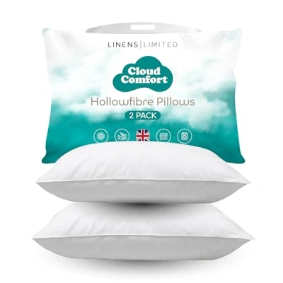 Image of Linens Limited Soft Pillows 2 Pack, Cloud Comfort, and Firm with Orthopedic Support, Non Allergenic Polycotton Polyester Hollowfibre, Machine Washable (White)
